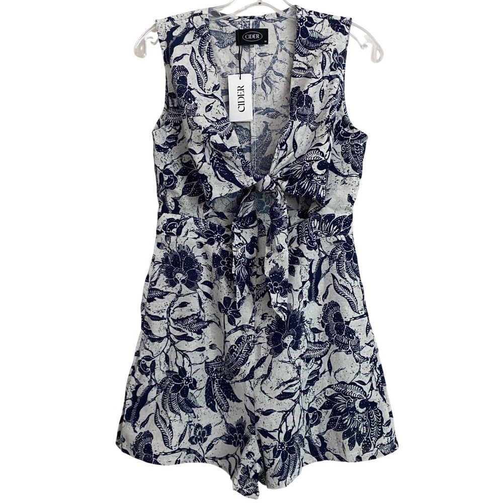 Cider Wmns Blue White Floral Tie Front Cutout Cotton Romper CD2021121048944PS M